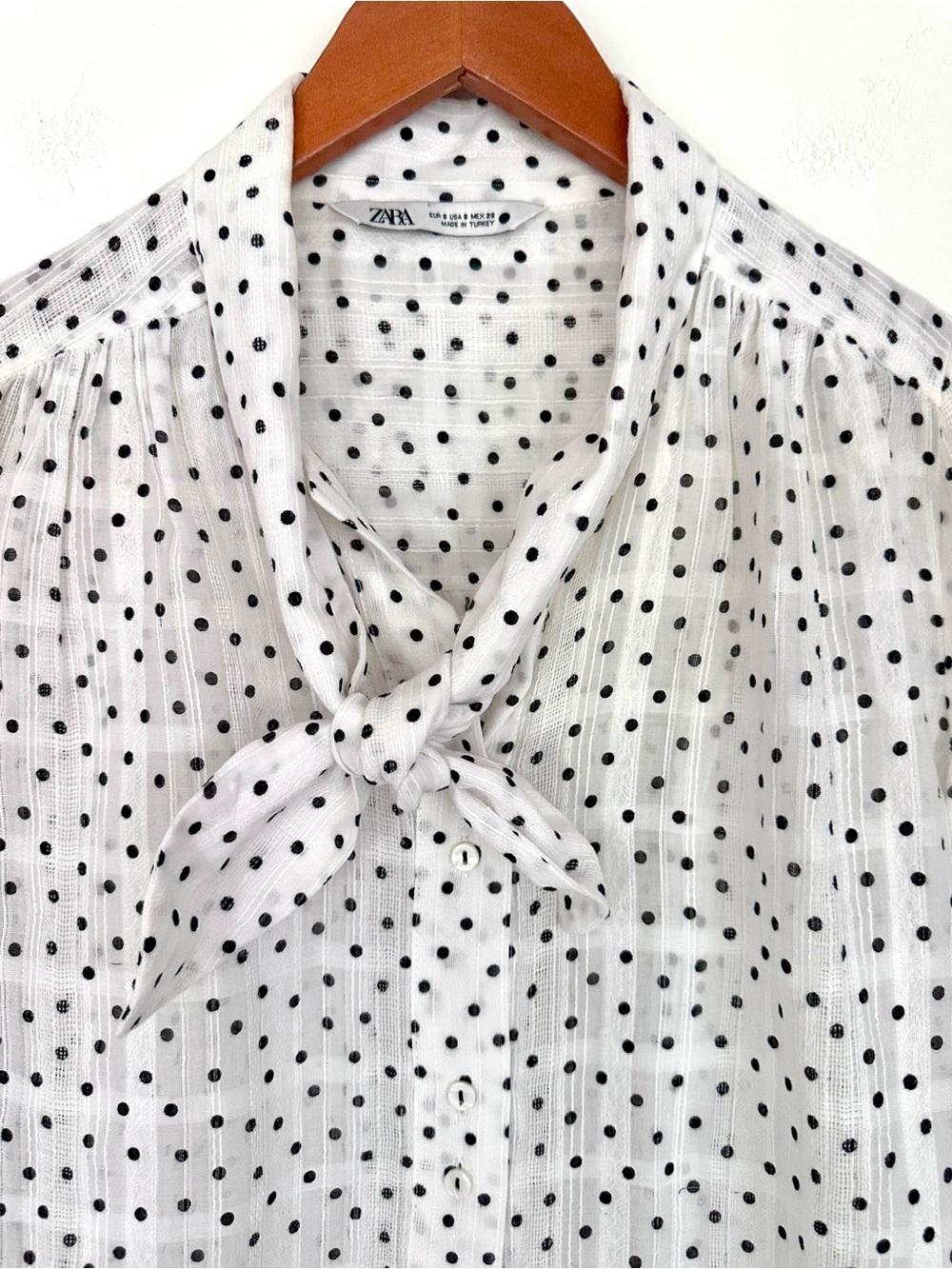 Zara White Sheer Blouse with Black Polka Dots and Tie Neck Size Small - Picture 3 of 9